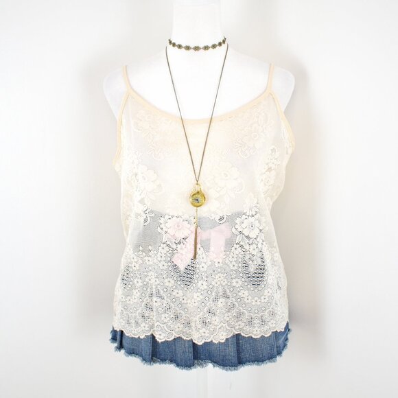 VTG 00s Y2K Coquette Cream Floral Sheer Mesh Lace Sleeveless Cami Top Size Large - Picture 4 of 7